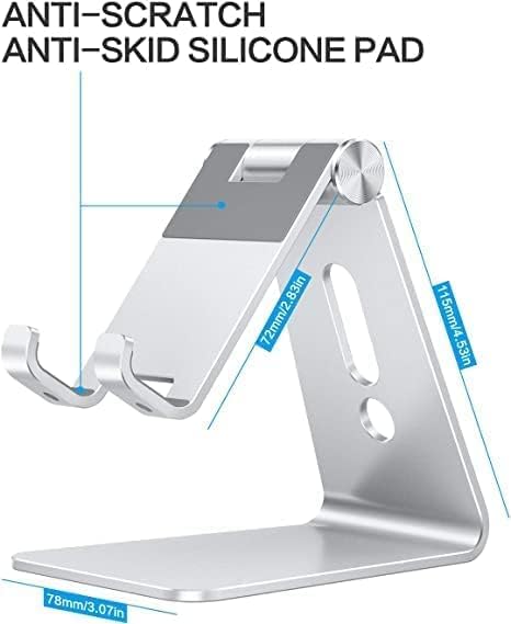 Adjustable Cell Phone Stand, OMOTON Aluminum Desktop Cellphone Stand with Anti-Slip Base and Convenient Charging Port, Fits All Smart Phones, Silver