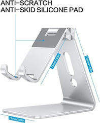 Verstellbarer Handy-Ständer, OMOTON Aluminium-Desktop-Handy-Ständer mit rutschfester Basis und praktischem Ladeanschluss, passend für alle Smartphones, Silber 