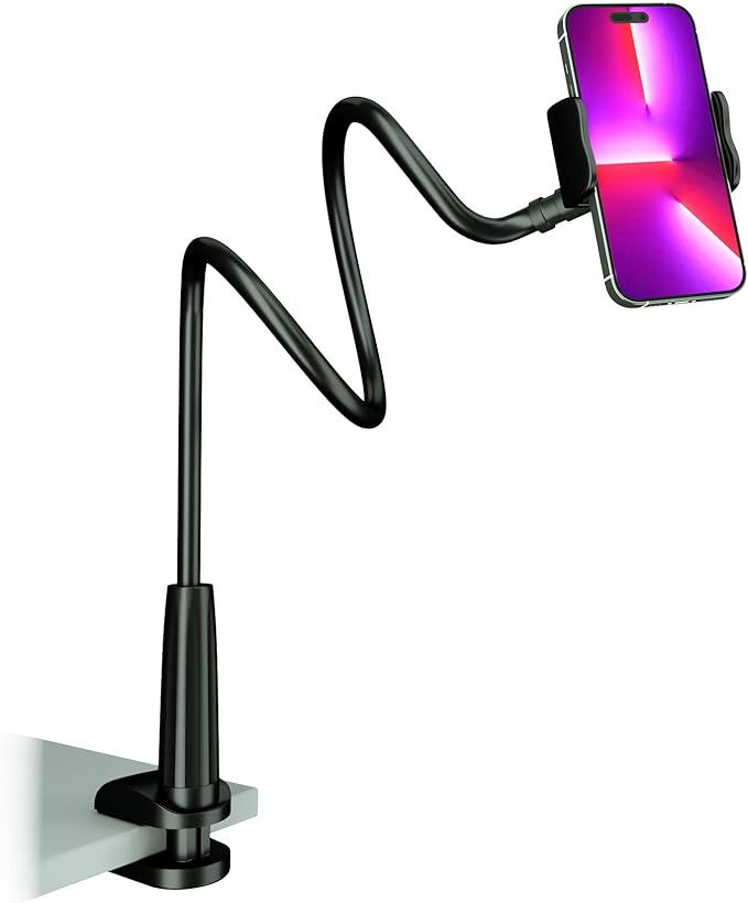 MAGIPEA Cell Phone Clip Bed Stand Holder, with Grip Flexible Long Arm Gooseneck Bracket Mount Clamp for Desk, Compatible with iPhone 14 Pro Max XR X 8 7 6 or Other 3.5-7" Devices (Black)