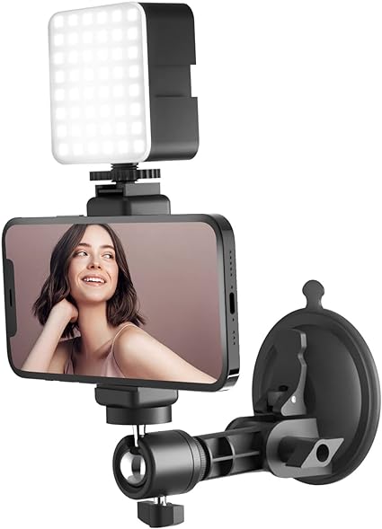 LenTok Soporte para teléfono con espejo con ventosa y luz, soporte para cámara de teléfono de pared de viaje para creadores de contenido de maquillaje Essentials, trípode de espejo para baño cocina compatible con toda la superficie lisa 