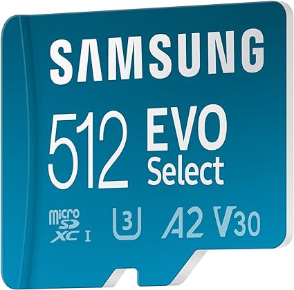 SAMSUNG EVO Select Micro SD-Speicherkarte + Adapter, 512 GB microSDXC 130 MB/s Full HD &amp; 4K UHD, UHS-I, U3, A2, V30, erweiterter Speicher für Android-Smartphones, Tablets, Nintendo-Switch (MB-ME512KA/AM ) 