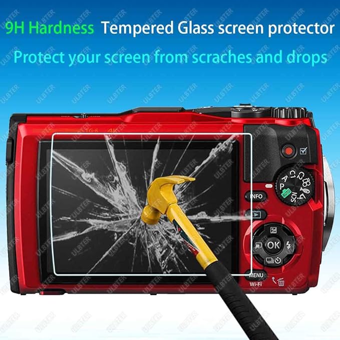 ULBTER Screen Protector for Olympus TG-7 TG-6 TG-5 TG-4 TG7 Red Black, 0.3mm 9H Hardness TG6 TG5 TG4 Tempered Glass Screen Cover, Anti-Scrach Anti-Dust [3 Pack]