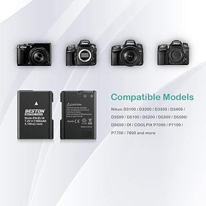 BESTON 2-Pack EN-EL14 / EN-EL14a Battery Packs and Rapid USB Charger for Nikon D3100 D3200 D3300 D3400 D3500 D5100 D5200 D5300 D5500 D5600 DF Coolpix P7000 P7100 P7700 P7800 Cameras