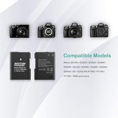 BESTON Paquete de 2 baterías EN-EL14 / EN-EL14a y cargador USB rápido para cámaras Nikon D3100 D3200 D3300 D3400 D3500 D5100 D5200 D5300 D5500 D5600 DF Coolpix P7000 P7100 P7700 P7800