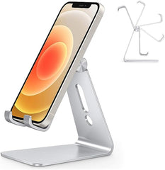 Adjustable Cell Phone Stand, OMOTON Aluminum Desktop Cellphone Stand with Anti-Slip Base and Convenient Charging Port, Fits All Smart Phones, Silver