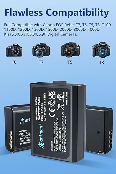 Artman 3er-Pack LP-E10-Akkus mit 1600 mAh und 3-Slot-LCD-Ladegerät für Canon EOS Rebel T7 T6 T5 T3 T100 Kiss X50 Kiss X70 EOS 1100D 1200D 1300D 2000D Digitalkameras 