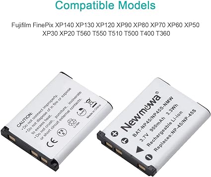 Newmowa NP-45 NP-45S Ersatzakku (2er-Pack) und Dual-USB-Ladegerät-Set für Fujifilm INSTAX Mini 90 und FinePix XP50 XP60 XP70 XP80 XP90 XP120 XP130 XP140 T350 T360 T400 T500 T510 T550 JX500 JX520 