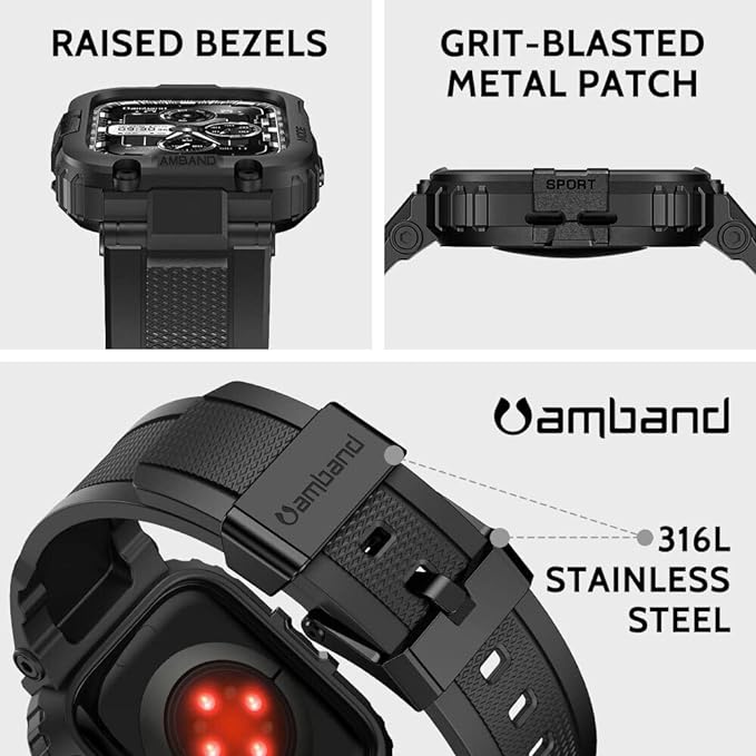 amBand-Bänder kompatibel mit Apple Watch 9/8/7 45 mm, M1 Sport Series, robuste Schutzhülle für iWatch 6/SE/5/4/3 42/44/45 mm, Herren, Schwarz 