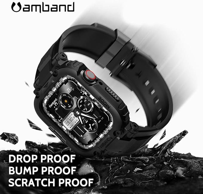 amBand-Bänder kompatibel mit Apple Watch 9/8/7 45 mm, M1 Sport Series, robuste Schutzhülle für iWatch 6/SE/5/4/3 42/44/45 mm, Herren, Schwarz 