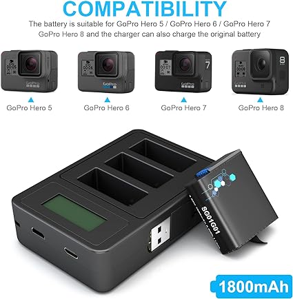 TOMSHEIR Battery 1800mAh(2 Pack) and USB Fast Charger for GoPro Hero 8/7/6/5 Black (Fully Compatible with Original)