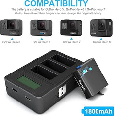 TOMSHEIR Akku 1800 mAh (2er-Pack) und USB-Schnellladegerät für GoPro Hero 8/7/6/5 Black (voll kompatibel mit Original) 
