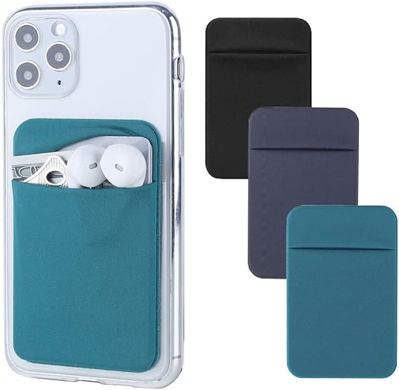 3Pack Cell Phone Card Holder for Back of Phone,Stretchy Lycra Stick on Wallet Pocket Credit Card ID Case Pouch Sleeve Self Adhesive Sticker for iPhone Samsung Galaxy Android-Dark Green&Blue Gray&Black