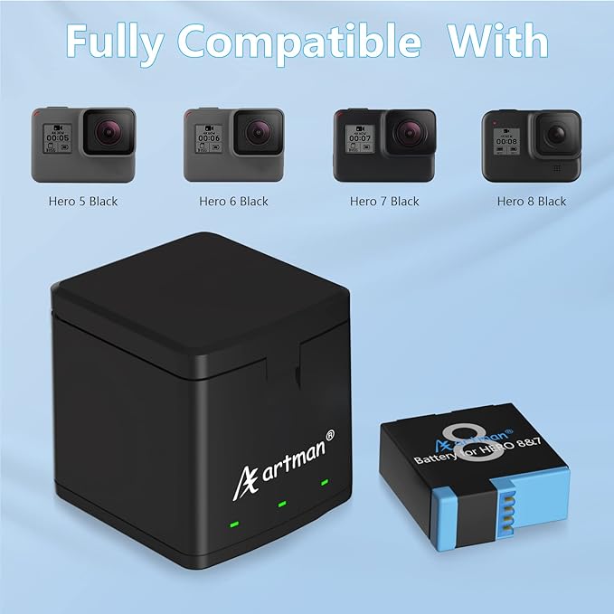 Artman Akku 1500 mAh (3xPack) und 3-Kanal-LED-USB-Speicherladegerät für Gopro Hero 8 Black, Hero 7 Black, Hero 6/5 Black, Hero 2018 (vollständig kompatibel mit Gopro Hero 8 Akku und Hero 8 Ladegerät) 