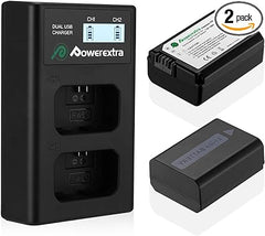Powerextra 2 Pack Replacement NP-FW50 Battery & Smart LCD Display Dual Channel Charger for Sony Alpha a6500, a6300, a6000, a7, a7s, a5100, a5000, a7r, a7 ii Cameras