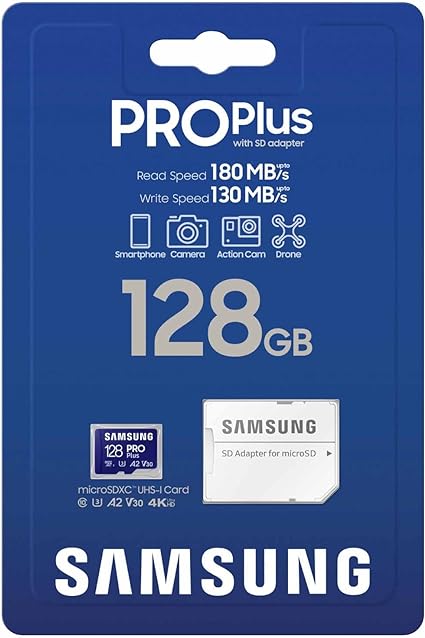 SAMSUNG PRO Plus microSD-Speicherkarte + Adapter, 128 GB MicroSDXC, bis zu 180 MB/s, Full HD &amp; 4K UHD, UHS-I, C10, U3, V30, A2 für Android-Telefone, Tablets, GoPRO, DJI Drone, MB-MD128SA /AM, 2023 