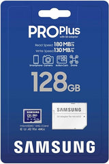 SAMSUNG PRO Plus microSD Memory Card + Adapter, 128GB MicroSDXC, Up to 180 MB/s, Full HD & 4K UHD, UHS-I, C10, U3, V30, A2 for Android Phones, Tablets, GoPRO, DJI Drone, MB-MD128SA/AM, 2023