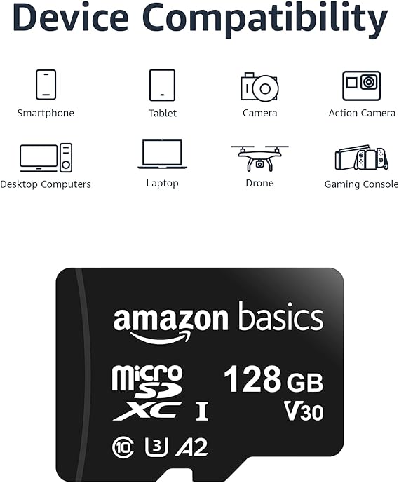 Amazon Basics Micro-SDXC-Speicherkarte mit Full-Size-Adapter, A2, U3, Lesegeschwindigkeit bis zu 100 MB/s, 128 GB, Schwarz 