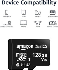 Amazon Basics Micro SDXC Memory Card with Full Size Adapter, A2, U3, Read Speed up to 100 MB/s, 128GB, Black