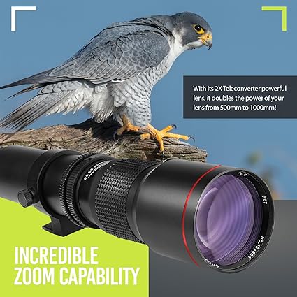 High-Power 500mm/1000mm f/8 Manual Telephoto Lens for Canon EOS 80D, 90D, Rebel T3, T3i, T5, T5i, T6i, T6s, T7, T7I, T8I, SL3, 60D, 70D, 5D, EOS5D IV, 6D II, 7D II SLR Cameras