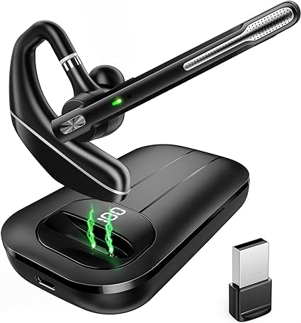 EKVANBEL Bluetooth Headset V5.3, Wireless Earpiece with 1000mAh Charging Case, 96H Talktime, Hands Free Noise Canceling Headphones with Dual-Mic for Computer Cell Phones Trucker Home Office Work