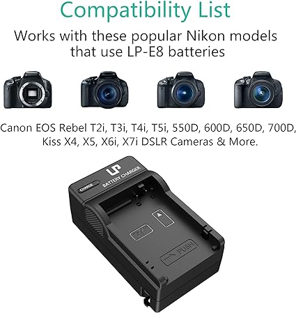 LP LP-E8 Akku-Ladegerät, Ladegerät kompatibel mit Canon EOS Rebel T2i, T3i, T4i, T5i, 550D, 600D, 650D, 700D, Kiss X4, X5, X6i, X7i Kameras und mehr (nicht für T2 T3 T4 T5)