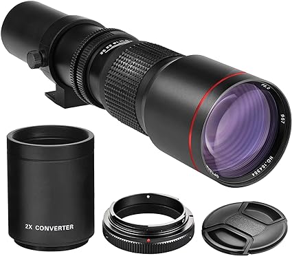 High-Power 500mm/1000mm f/8 Manual Telephoto Lens for Canon EOS 80D, 90D, Rebel T3, T3i, T5, T5i, T6i, T6s, T7, T7I, T8I, SL3, 60D, 70D, 5D, EOS5D IV, 6D II, 7D II SLR Cameras
