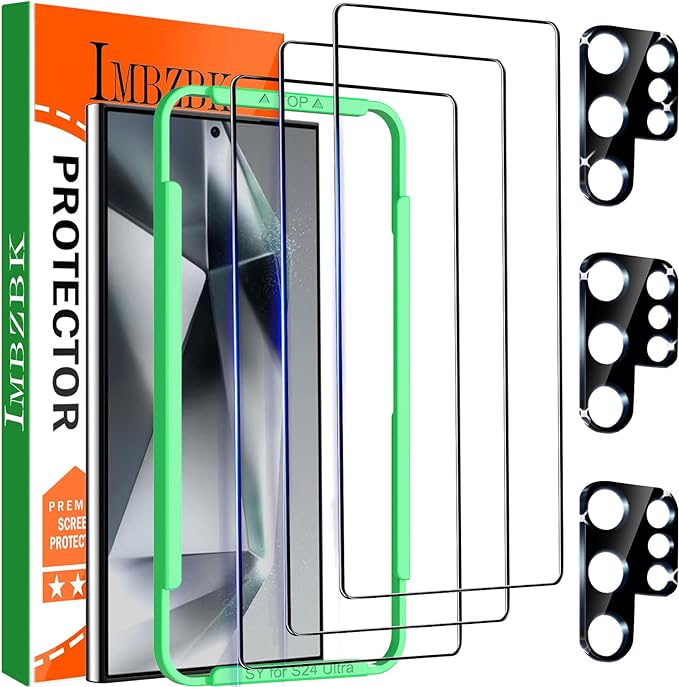 IMBZBK 3 Pack Screen Protector for Samsung Galaxy S24 Ultra Tempered Glass 3 Pack Camera Lens Protector Accessories Protector de Pantalla, Case Friendly, Support Fingerprint Reader, Full Coverage