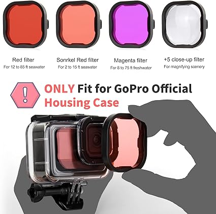 YALLSAME Dive Filter with Red Magenta Snorkel Red +5 Macro for GoPro Hero 12 11 10 9 8 Black Official Housing Case Ideal for Underwater/Snorkeling/Deep Diving/Fun Dive Photography Recording