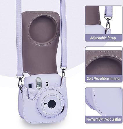 Phetium Instant mini 12 Funda protectora para cámara compatible con Instax Mini 12 11, bolso de cuero PU con bolsillo y correa ajustable para el hombro (morado lila)