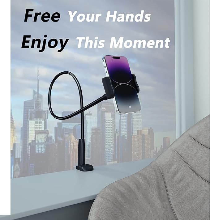 MAGIPEA Cell Phone Clip Bed Stand Holder, with Grip Flexible Long Arm Gooseneck Bracket Mount Clamp for Desk, Compatible with iPhone 14 Pro Max XR X 8 7 6 or Other 3.5-7" Devices (Black)