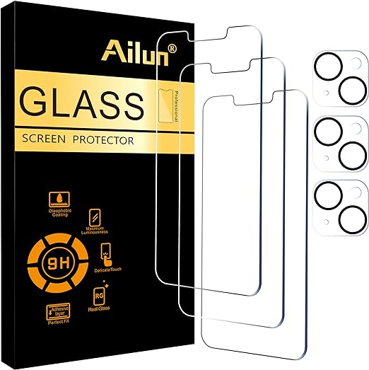 Ailun Paquete de 3 protectores de pantalla para iPhone 14 [6,1 pulgadas] + paquete de 3 protectores de lente de cámara, película de vidrio templado compatible con estuches, [dureza 9H] - HD 