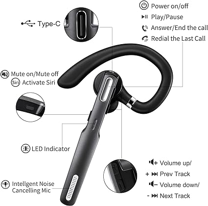 ICOMTOFIT Bluetooth-Headset, kabelloser Bluetooth-Ohrhörer V5.0, Freisprech-Kopfhörer mit integriertem Mikrofon für Autofahren/Geschäft/Büro, kompatibel mit iPhone und Android (grau) 