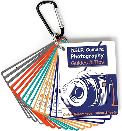 Hoja de trucos para DSLR para Canon, Nikon, Sony, accesorios para cámaras Tarjetas de referencia rápida Guías y consejos de fotografía: configuración, exposición, modos, composición, iluminación, etc. 4 × 3 pulgadas