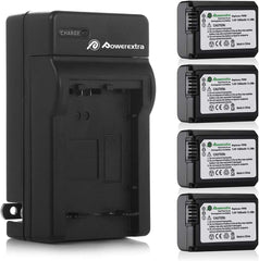 Powerextra Battery (4-Pack) and Charger for Sony NP-FW50 Battery and Sony ZV-E10, Alpha a6500, Alpha a6300, Alpha a6000, Alpha a7 II, Alpha a7R II, Alpha a7S II, Alpha a5000, Alpha a5100 Camera