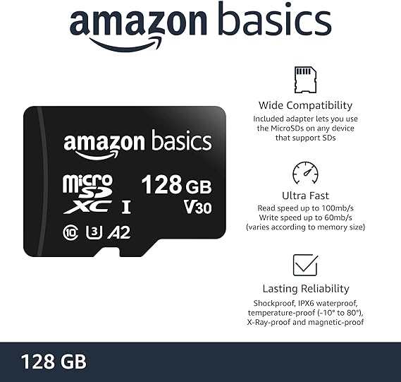 Amazon Basics Micro SDXC Memory Card with Full Size Adapter, A2, U3, Read Speed up to 100 MB/s, 128GB, Black