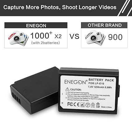 ENEGON LP-E10 Batería de repuesto (paquete de 2) y cargador dual rápido para Canon LP E10 Canon EOS Rebel T3 T5 T6 T7 T100 Kiss X50 X70 X80 X90 1100D 1200D 1300D 1500D 4000D (100% compatible con el original) 
