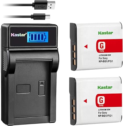 Kastar Battery (X2) & LCD Slim USB Charger for Sony NP-BG1 NPBG1 NP-FG1 NPFG1 and Cyber-Shot DSC-W120 W150 W220 DSC-H3 H7 H9 H10 H20 H50 H55 H70 DSC-HX5V DSC-HX7V DSC-HX9V DSC-HX10V DSC-HX30V