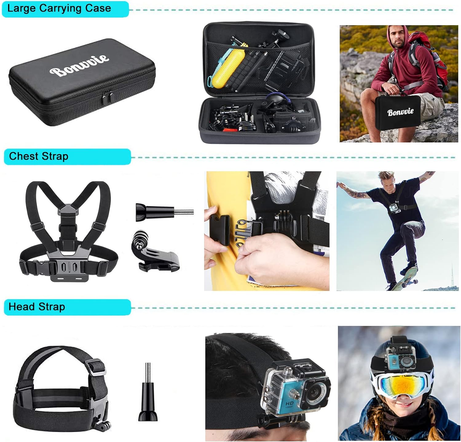 Action Cameras Accessory Kit, Bonvvie 50-in-1 Sports Camera Accessory Kit Compatible with GoPro Hero 12/11/10/9/8/7 Black, GoPro Max/Fusion, Insta360 Osmo Action SJCAM SJ6000 SJ5000 Campark REMALI