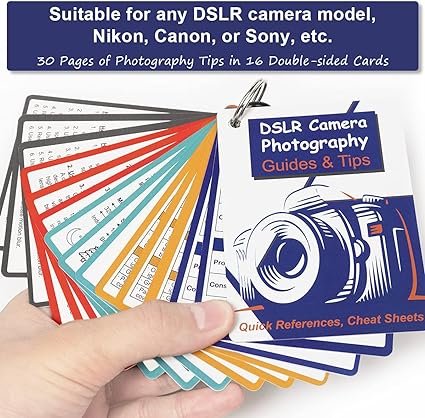 Hoja de trucos para DSLR para Canon, Nikon, Sony, accesorios para cámaras Tarjetas de referencia rápida Guías y consejos de fotografía: configuración, exposición, modos, composición, iluminación, etc. 4 × 3 pulgadas