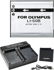 UltraPro LI-50B Hochleistungs-Ersatzakku mit schnellem Dual-Ladegerät für ausgewählte Olympus-Kameras. Im Paket enthalten: Deluxe-Mikrofaser-Reinigungstuch