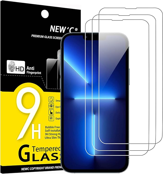 NEW'C [Paquete de 3 protectores de pantalla de vidrio templado diseñados para iPhone 14, 13, 13 Pro (6,1"), aptos para fundas, antiarañazos, sin burbujas, ultrarresistentes 