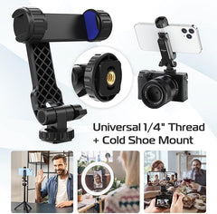 Kaitezenz Cell Phone Tripod Mount, Universal Tripod Phone Mount with 2 Cold Shoes, 360° Rotates 180° Tilts Camera Hot Shoe Phone Mount Smartphone Tripod Holder Adapter for iPhone Samsung All Phones