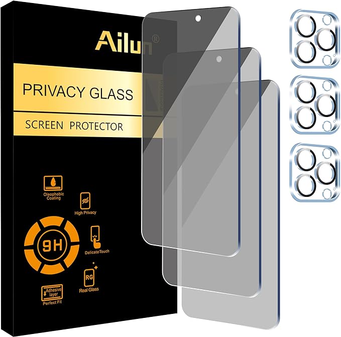 Ailun 3Pack Privacy Screen Protector for iPhone 15 Pro Max [6.7 inch]+3Pack Camera Lens Protector,Sensor Protection,Dynamic Island Compatible,Anti Spy Tempered Glass[9H Hardness]-HD[Black][6 Pack]