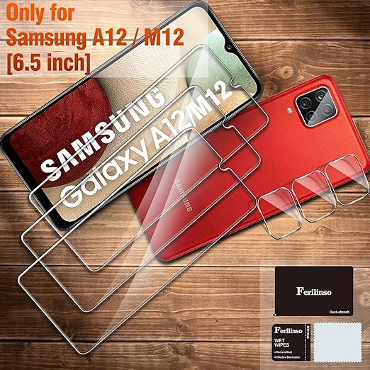 Ferilinso [6er-Pack] 3er-Pack Displayschutzfolie + 3er-Pack Kameraobjektivschutz für Samsung Galaxy A12/A12 Nacho [HD] [gehärtetes Glas] [hüllenfreundlich] [Anti-Fingerabdruck] [einfache Installation] 