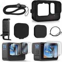 FitStill Black Silicone Sleeve Case for Go Pro Hero 12/Hero 11/Hero 10/Hero 9 Black,Battery Side Cover&Screen Protectors& Lens Caps&Lanyard for Go Pro Hero 12/11/10 /9 Black Accessories Kit