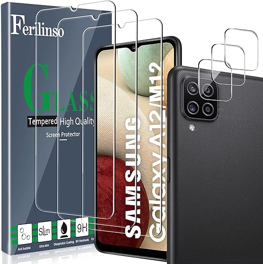 Ferilinso [6 Pack] 3 Pack Screen Protector + 3 Pack Camera Lens Protector for Samsung Galaxy A12/A12 Nacho [HD] [Tempered-Glass] [Case Friendly] [Anti-Fingerprint] [Easy Installation]
