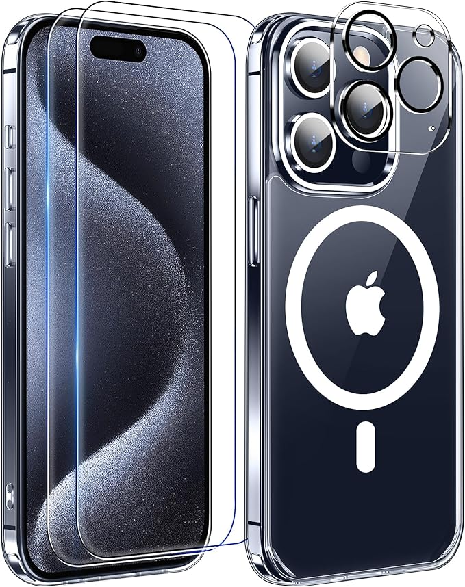 MOZOTER 6-in-1-Magnethülle für iPhone 15 Pro, [kompatibel mit Magsafe], Anti-Vergilbung, Displayschutz + Kameraobjektivschutz, schlanke, dünne, stoßfeste Handyhülle für 15 Pro 6,1 Zoll, transparent 