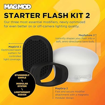 MagMod Starter Flash Kit 2 | Camera Speedlight Flash Diffuser | Magnetic Light Modifier Attachments | Lightweight MagMod Modifiers: MagGrip 2, MagSphere 2, MagGrid 2 | Superior Light Control