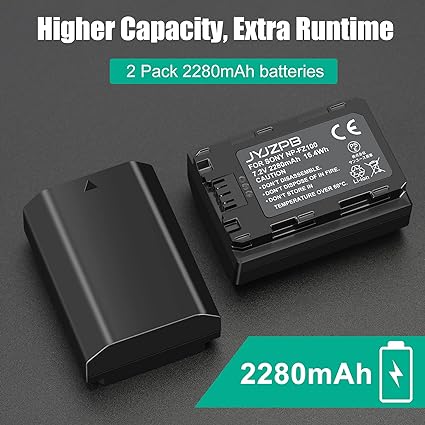 JYJZPB NP-FZ100 Battery Replacement and A7iii Battery Charger for Sony A7 III, Sony A1, Alpha A7R III, A7R IV, A9, A9 II, A6600, Alpha 9S, A7R3 A7S III, A7R III Battery, 2 Packs